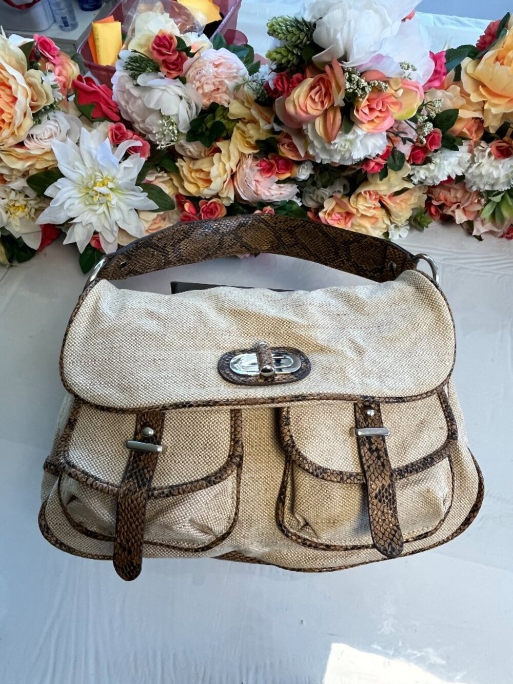 Mondani New York Canvas Faux Snakeskin Shoulder Bag Satchel LINEN